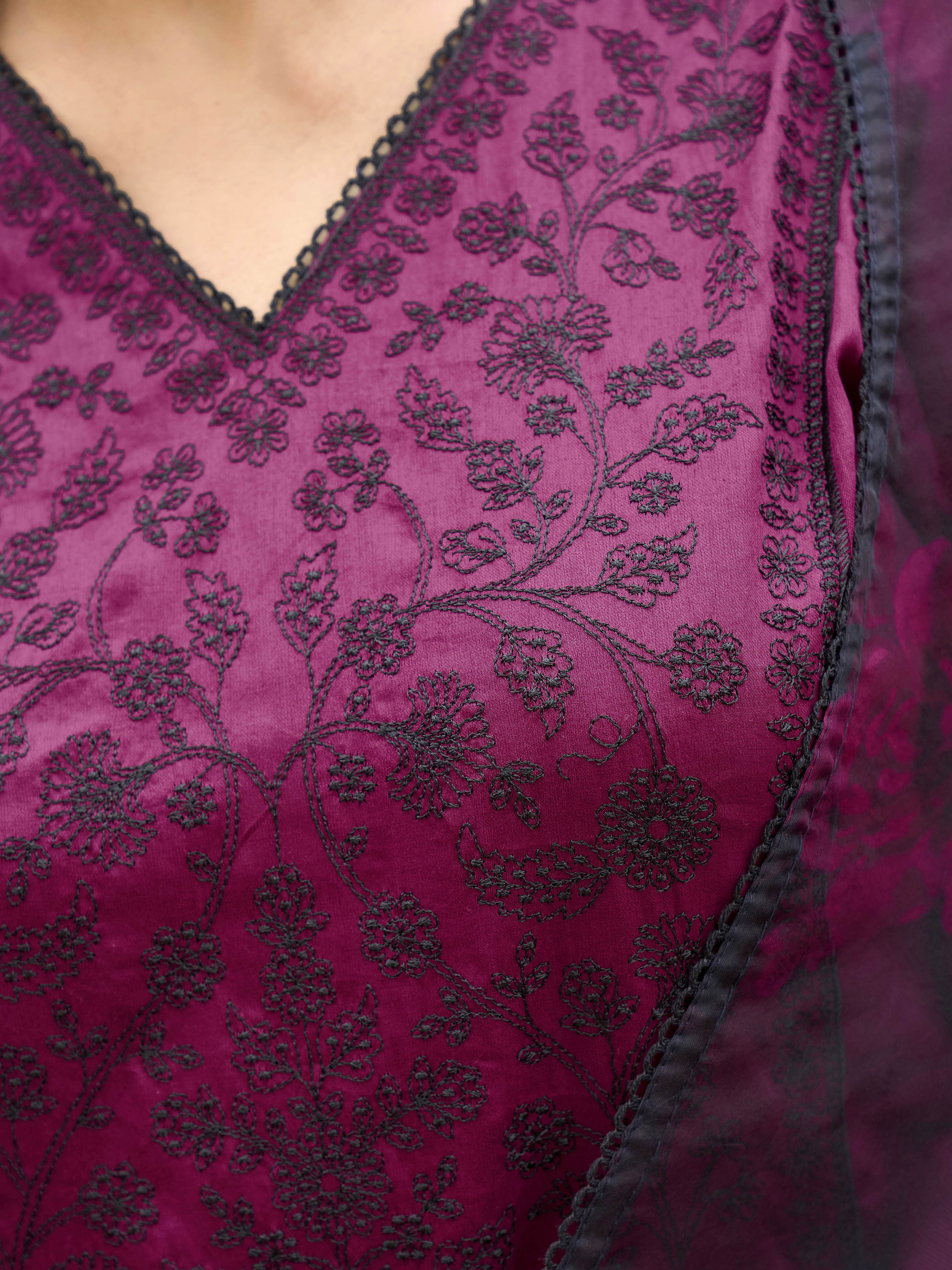 Burgundy color pure cotton with black thread jal embroidered kurta & trouser with printed dupatta set
